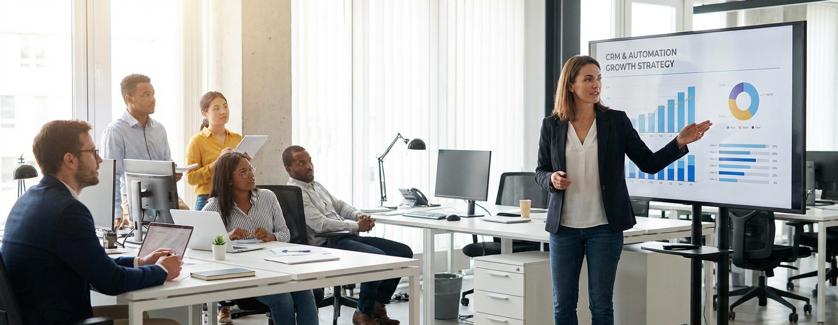 Team collaborating on strategy in a modern office
