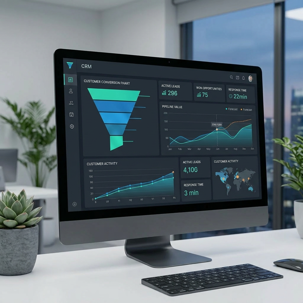 Professional reviewing CRM data at a desk