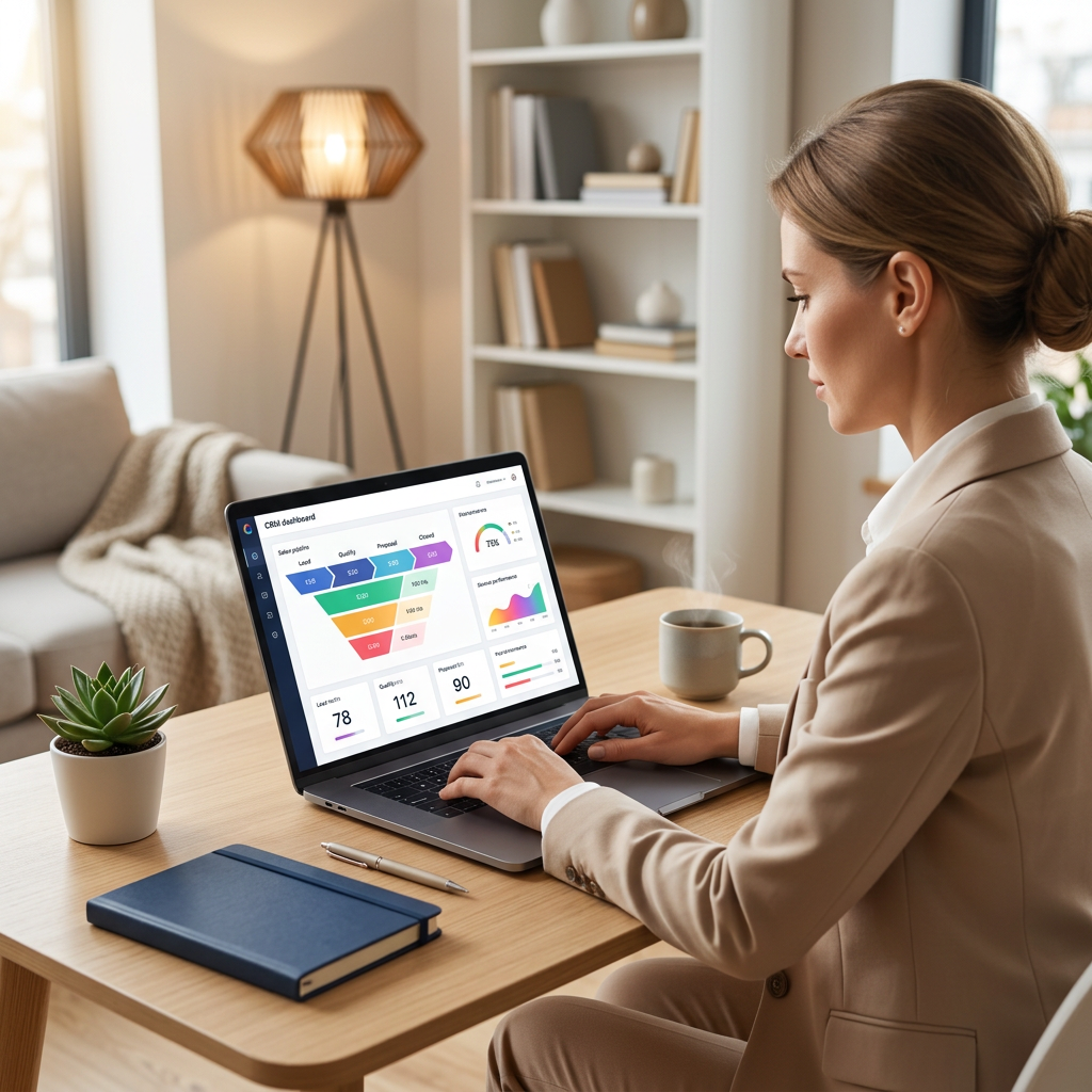 CRM pipeline and sales dashboard on a laptop